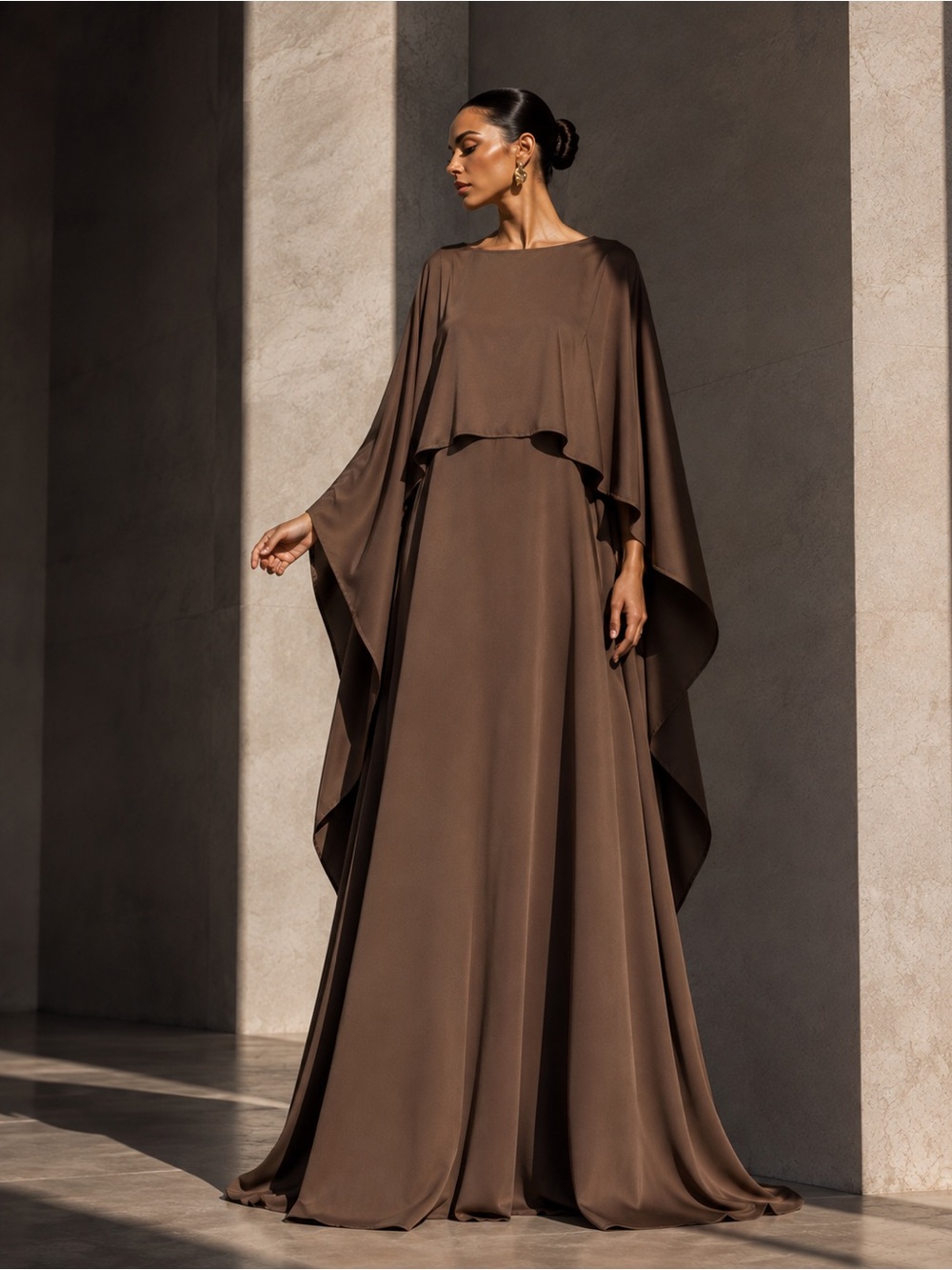Posh Couture Satin Cape Maxi Dress — Brown